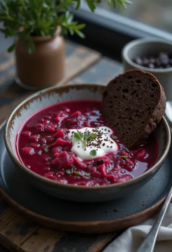 Sopa borscht tradicional servida com beterraba, cenoura e natas azedas