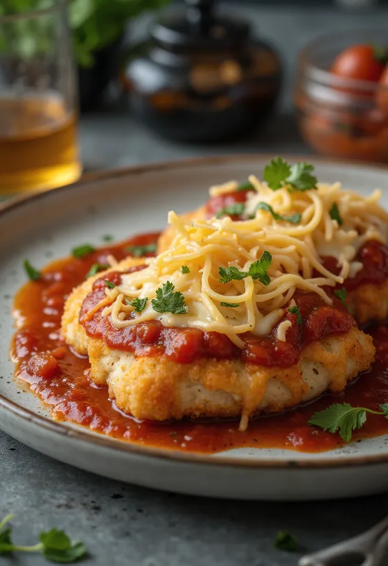 Frango à parmegiana servido com massa e manjericão fresco