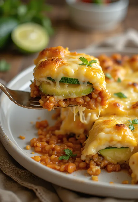Gratinado de curgete com lentilhas vermelhas servido
