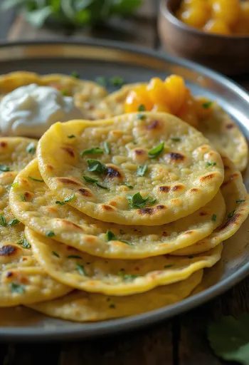 Thepla de folhas de moringa servida com legumes frescos e iogurte