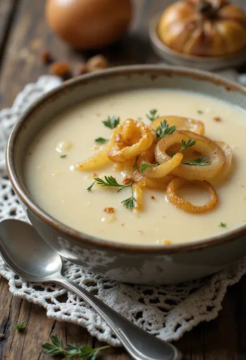 Sopa cremosa de batata e cebola servida
