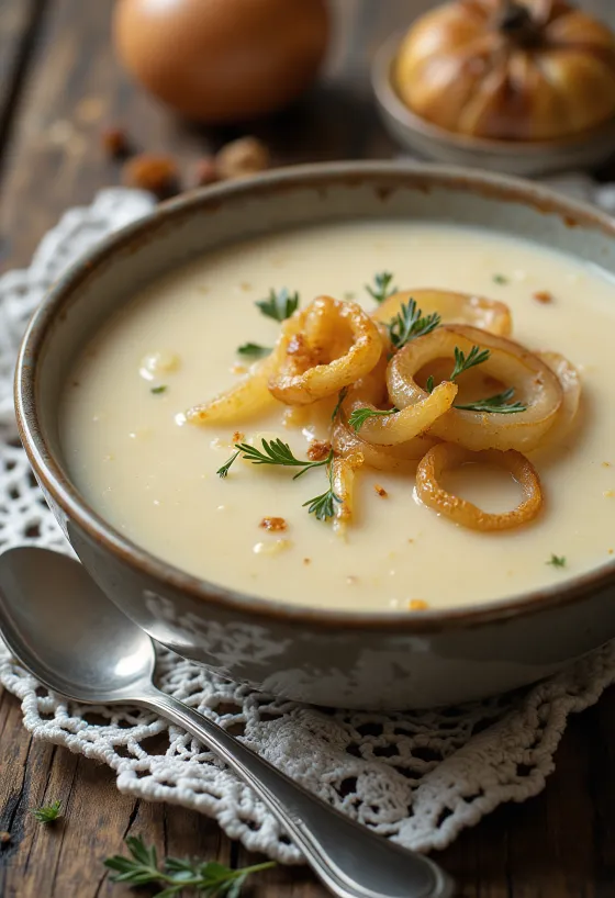 Sopa cremosa de batata e cebola servida