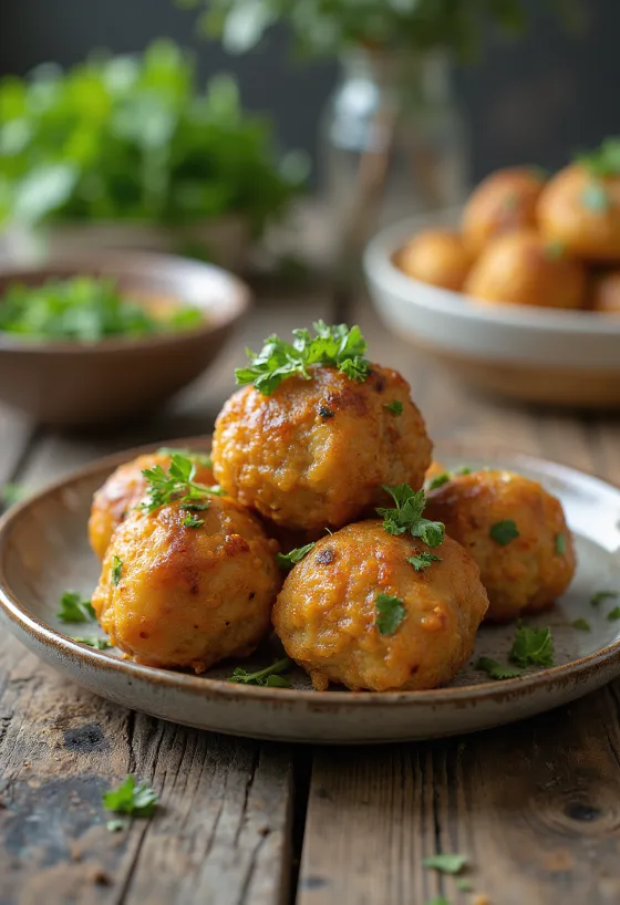 Kofta de frango com ervas, almôndegas de carne grelhadas e decoração de salsa