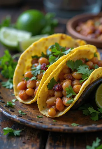 Taco mexicano vegano com feijão, abacate e lima