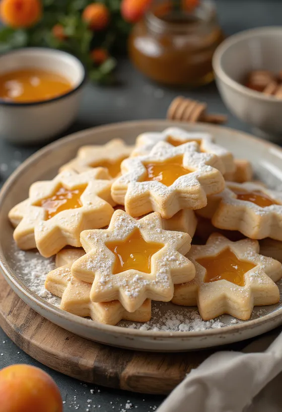 Linzer de mel polvilhado com açúcar em pó, recheado com doce