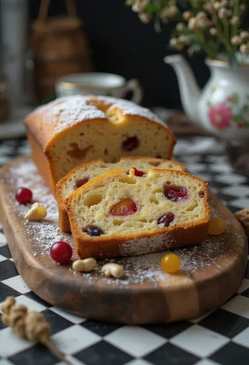 Pão de Bispo fatiado, com passas, nozes e frutas cristalizadas