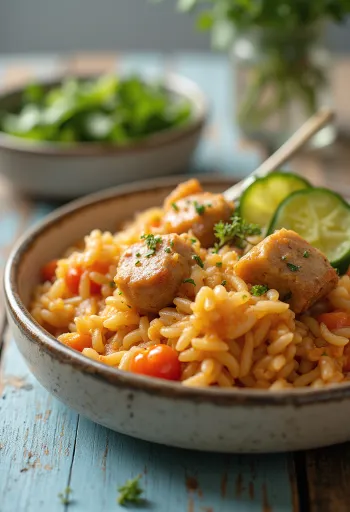 Carne com arroz preparada com carne de porco suculenta e vegetais.