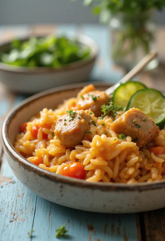 Carne com arroz preparada com carne de porco suculenta e vegetais.