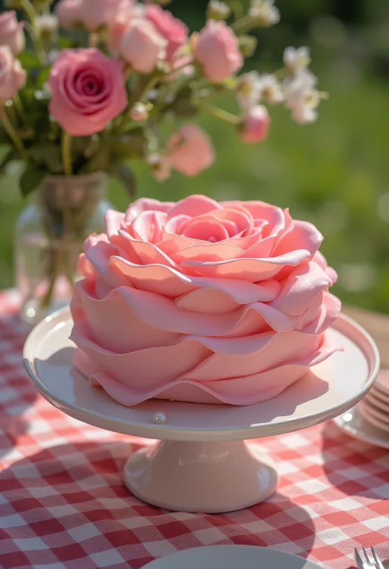 Bolo em forma de rosa com decoração de pasta de açúcar rosa e verde