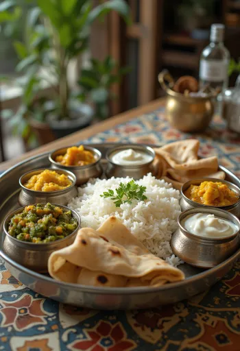 Thali à moda Tamil, servido com pratos indianos variados em tabuleiro de metal: arroz, caris, pães, chutneys