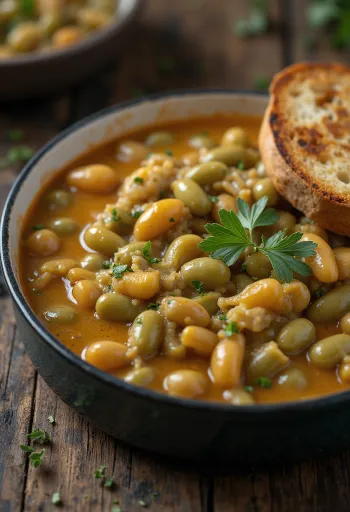 Estufado de feijão verde em molho espesso com natas azedas, polvilhado com aneto fresco