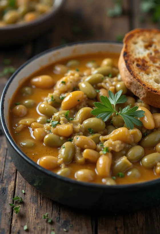 Estufado de feijão verde em molho espesso com natas azedas, polvilhado com aneto fresco