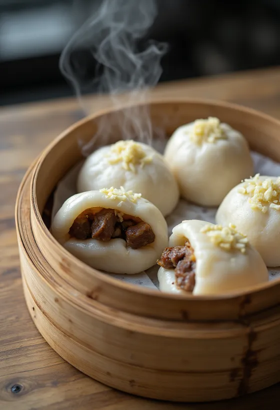 Baozi branco cozido a vapor recheado com carne de borrego