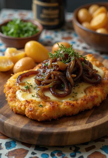 Cachopo com cebola caramelizada, carne panada estaladiça recheada com queijo, servida com cebola doce