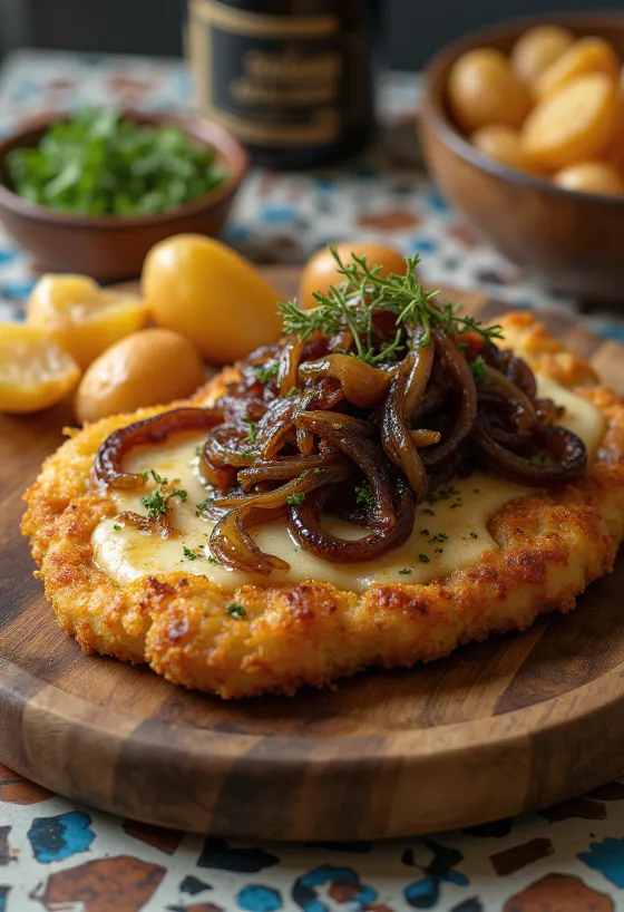 Cachopo com cebola caramelizada, carne panada estaladiça recheada com queijo, servida com cebola doce