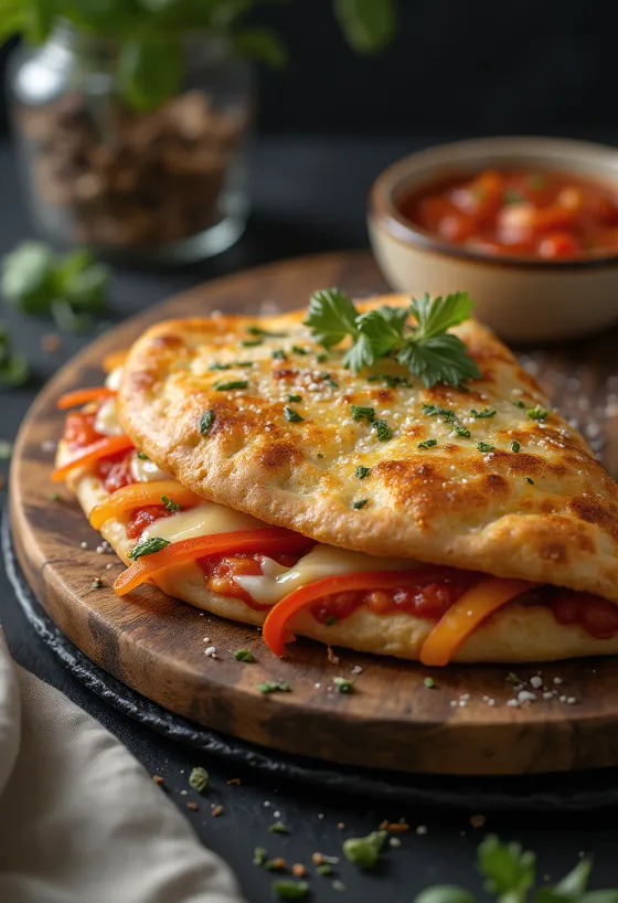 Calzone dourado recheado com pimento vermelho e queijo