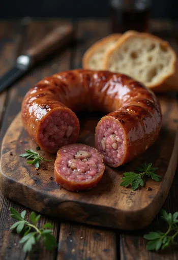 Chouriço fumado cortado em fatias, servido com pão fresco e pimento