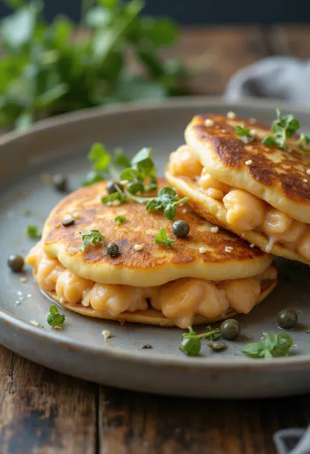 Crepes de cavala fumada servidos com natas