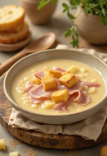 Creme de batata com presunto fumado servido