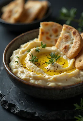 Creme de beringela com pão pita e salsa fresca