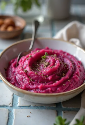 Puré de beterraba e batata-doce em taça clara, com textura lisa e cremosa, regado com azeite