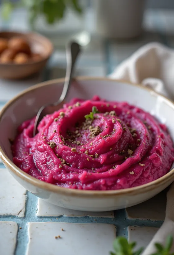 Puré de beterraba e batata-doce em taça clara, com textura lisa e cremosa, regado com azeite