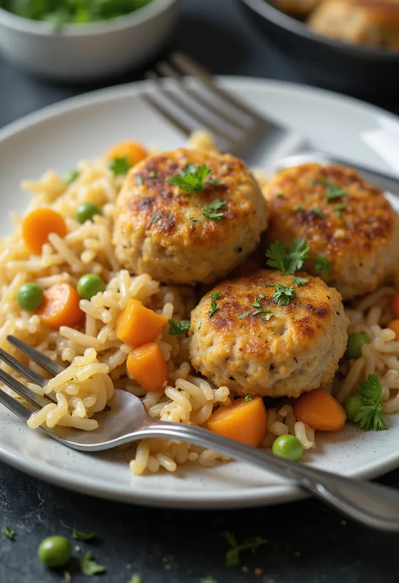 Almôndegas de peru com arroz de legumes servidas