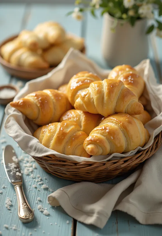 Croissants salgados acabados de fazer, dourados num cesto, polvilhados com sal marinho.