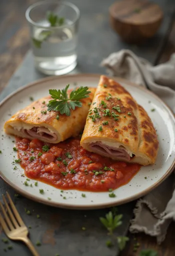 Calzone suculento recheado com bastante molho de tomate e queijo