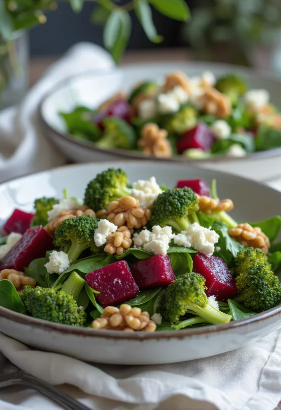 Salada de beterraba e brócolos com molho de nozes