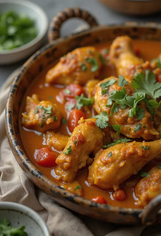 Caril de frango balti servido com pão naan e arroz basmati