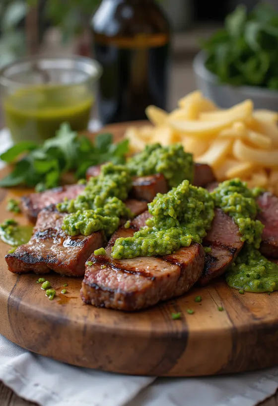 Bife de churrasco fatiado com molho chimichurri