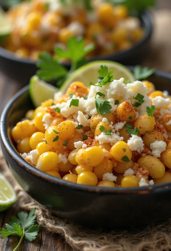 Esquites com molho picante coentros frescos e milho tostado