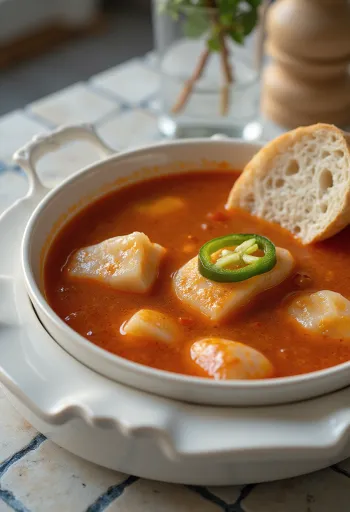 Sopa de peixe de carpa fresca, servida com molho de colorau vermelho e pimento picante