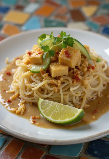 Ketoprak servido com tofu e massa de arroz, legumes coloridos e regado com molho de amendoim