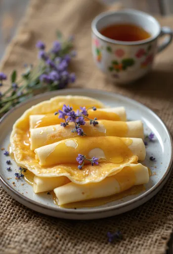 Crepes regados com mel e flores de lavanda