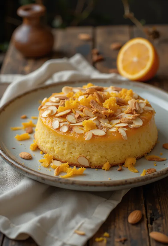 Tarte de laranja e amêndoa servida