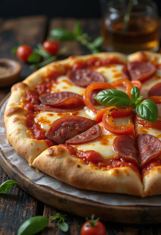 Pizza alla Campagnola com salame e vegetais