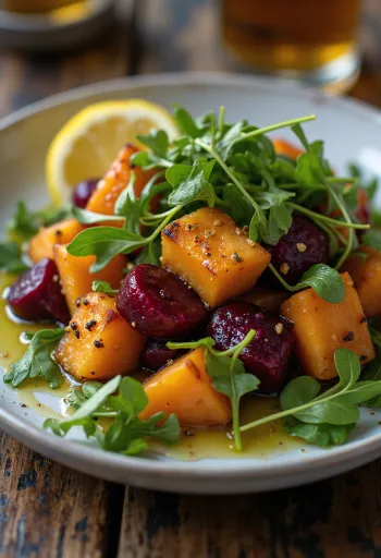 Salada de beterraba e batata-doce assada servida com rúcula e rodelas de alho-francês