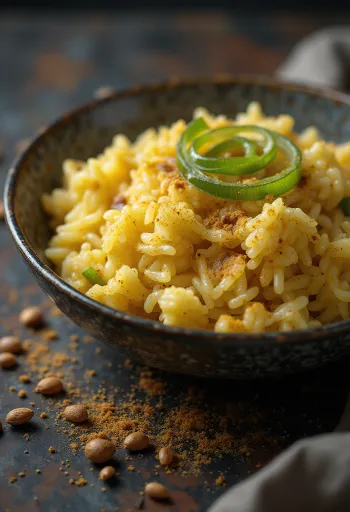 Arroz prebiótico condimentado com alho-francês servido com coentros frescos