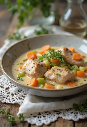 Fricassé de coelho servido com molho cremoso e guarnecido com salsa fresca