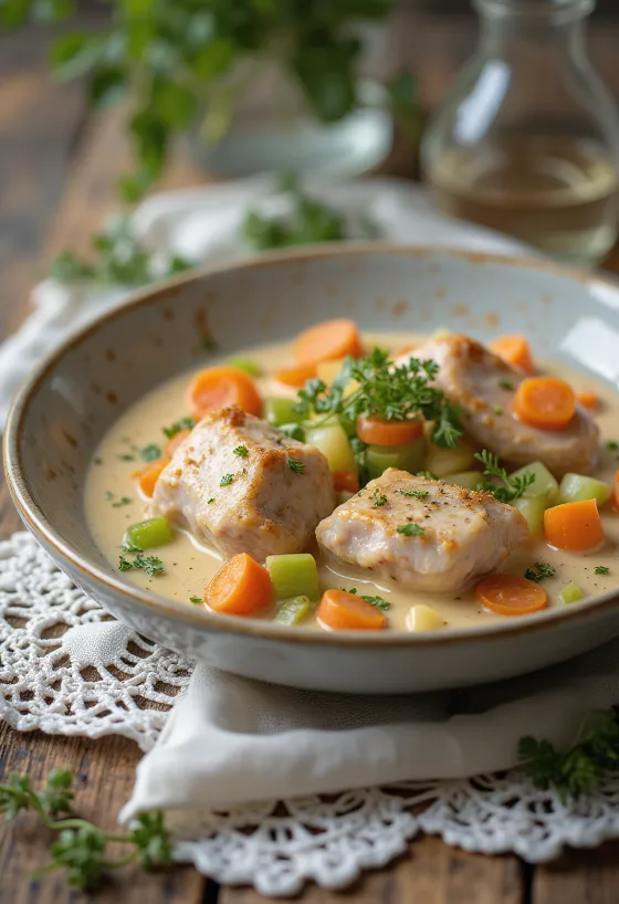 Fricassé de coelho servido com molho cremoso e guarnecido com salsa fresca