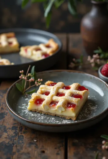 Tarte de requeijão Rákóczi com merengue dourado e doce de alperce