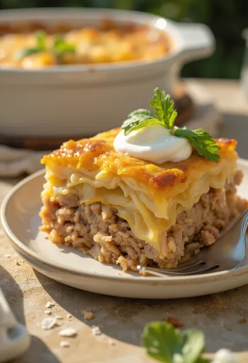 Chucrute em camadas tradicional, em camadas com carne picada e arroz, servido com natas azedas.