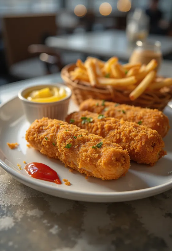 Salsicha panada frita até ficar dourada, servida em polme crocante com mostarda fresca e ketchup