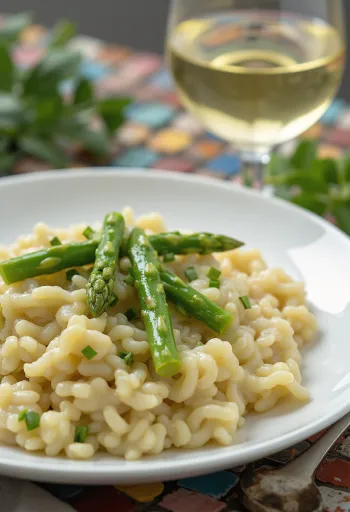 Risoto cremoso com espargos verdes frescos, polvilhado com parmesão, servido em estilo italiano