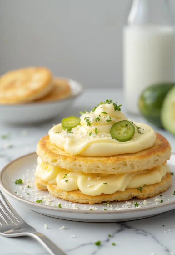 Smörgåstårta com creme de ovo e mostarda, salsa fresca e pepino em conserva