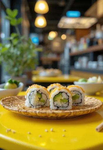 Sushi vegano com alga nori, decorado com abacate e sementes de sésamo