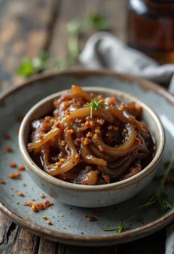 Molho de cebola caramelizada com chili numa tigela, decorado com chili fresco.