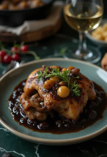 Coq au Vin servido em tacho com molho escuro